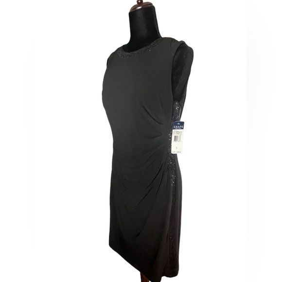 Chap Black Jersey Knit Dress w/ sequins tuxedo stripe with ruching NWT